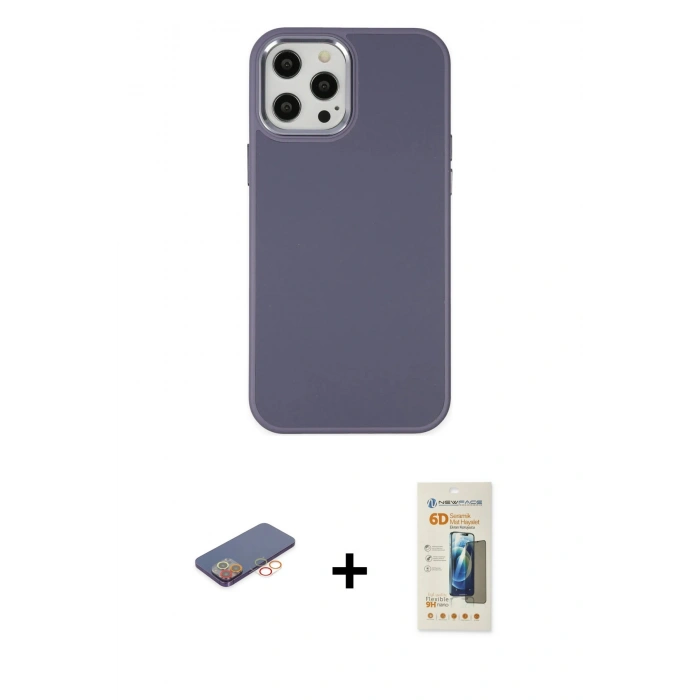 MARSİLYAN™- iPhone 12 Pro Max Kılıf Çekirdek Çizgi - Siyah 6D Mat Seramik Hayalet Nano Ekran Koruyucu + Renkli Kamera Lens Koruma Cam - TU