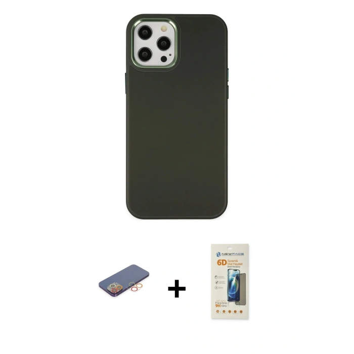 MARSİLYAN™- iPhone 12 Pro Max Kılıf Çekirdek Çizgi - Siyah 6D Mat Seramik Hayalet Nano Ekran Koruyucu + Renkli Kamera Lens Koruma Cam - TU