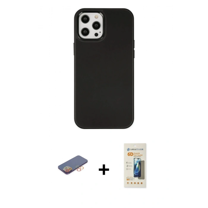MARSİLYAN™- iPhone 12 Pro Max Kılıf Çekirdek Çizgi - Siyah 6D Mat Seramik Hayalet Nano Ekran Koruyucu + Renkli Kamera Lens Koruma Cam - TU