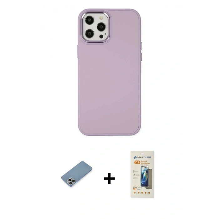 MARSİLYAN™- iPhone 12 Pro Max Kılıf Çekirdek Çizgi - Siyah 6D Mat Seramik Hayalet Nano Ekran Koruyucu + Shine Kamera Lens Koruma Cam - GI