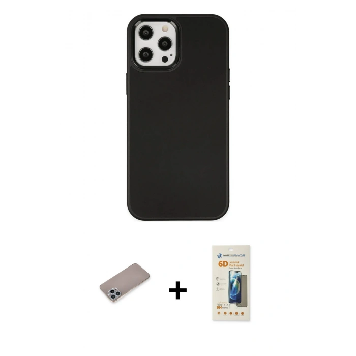 MARSİLYAN™- iPhone 12 Pro Max Kılıf Çekirdek Çizgi - Siyah 6D Mat Seramik Hayalet Nano Ekran Koruyucu + Shine Kamera Lens Koruma Cam - SABE