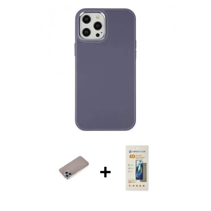 MARSİLYAN™- iPhone 12 Pro Max Kılıf Çekirdek Çizgi - Siyah 6D Mat Seramik Hayalet Nano Ekran Koruyucu + Shine Kamera Lens Koruma Cam - SABE