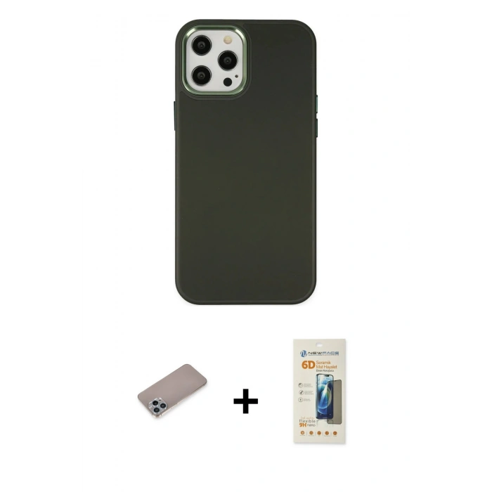 MARSİLYAN™- iPhone 12 Pro Max Kılıf Çekirdek Çizgi - Siyah 6D Mat Seramik Hayalet Nano Ekran Koruyucu + Shine Kamera Lens Koruma Cam - SABE