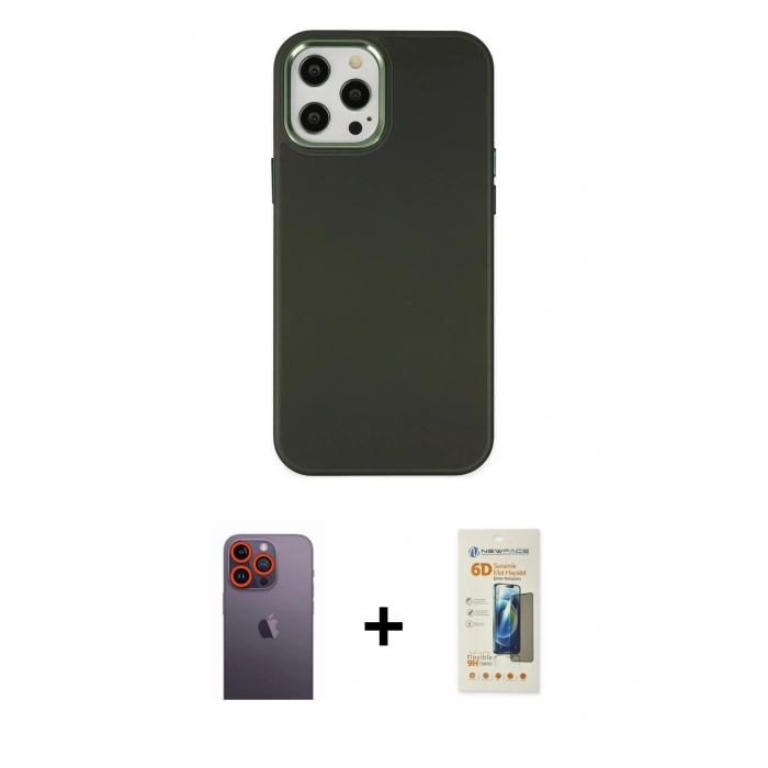 MARSİLYAN™- iPhone 12 Pro Max Kılıf Çekirdek Çizgi - Siyah 6D Mat Seramik Hayalet Nano Ekran Koruyucu + Turuncu Neon Fosforlu Kamera Lens