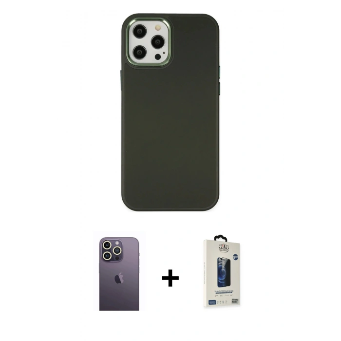 MARSİLYAN™- iPhone 12 Pro Max Kılıf Çekirdek Çizgi - Siyah Bilvis Hayalet Cam Ekran Koruyucu + Neon Fosforlu Kamera Lens - BZ