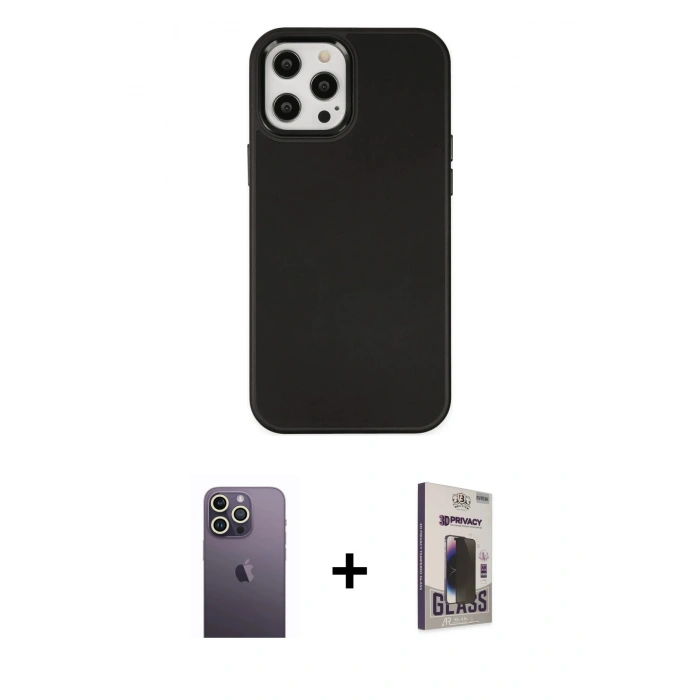 MARSİLYAN™- iPhone 12 Pro Max Kılıf Çekirdek Çizgi - Siyah Bilvis Hayalet Cam Ekran Koruyucu + Neon Fosforlu Kamera Lens - BZ