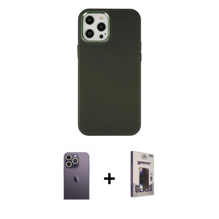 MARSİLYAN™- iPhone 12 Pro Max Kılıf Çekirdek Çizgi - Siyah Bilvis Hayalet Cam Ekran Koruyucu + Neon Fosforlu Kamera Lens - BZ