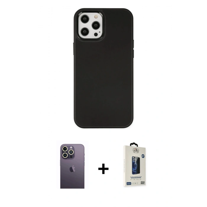 MARSİLYAN™- iPhone 12 Pro Max Kılıf Çekirdek Çizgi - Siyah Bilvis Hayalet Cam Ekran Koruyucu + Neon Fosforlu Kamera Lens - BZ