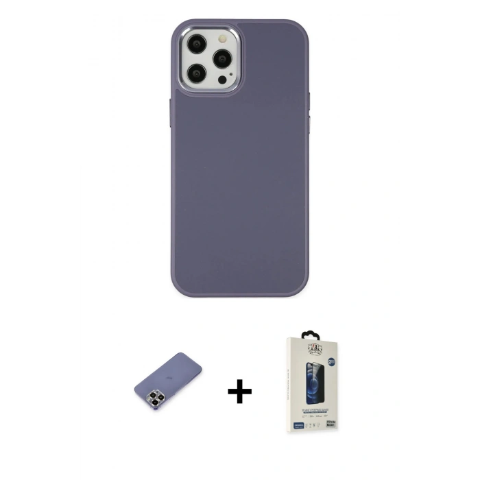 MARSİLYAN™- iPhone 12 Pro Max Kılıf Çekirdek Çizgi - Siyah Bilvis Hayalet Cam Ekran Koruyucu + Metal Kamera Lens Koruma Cam - GD