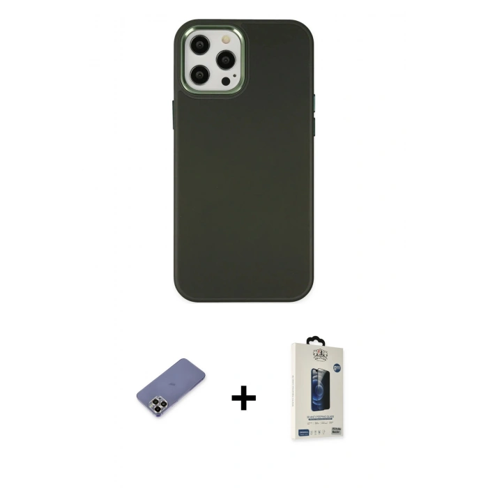 MARSİLYAN™- iPhone 12 Pro Max Kılıf Çekirdek Çizgi - Siyah Bilvis Hayalet Cam Ekran Koruyucu + Metal Kamera Lens Koruma Cam - GD