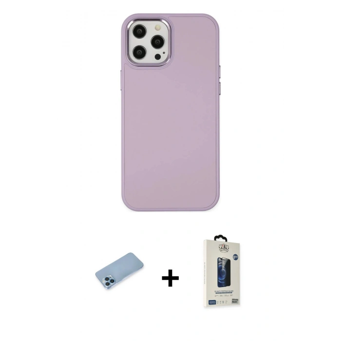 MARSİLYAN™- iPhone 12 Pro Max Kılıf Çekirdek Çizgi - Siyah Bilvis Hayalet Cam Ekran Koruyucu + Shine Kamera Lens Koruma Cam - MI