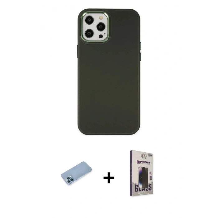 MARSİLYAN™- iPhone 12 Pro Max Kılıf Çekirdek Çizgi - Siyah Bilvis Hayalet Cam Ekran Koruyucu + Shine Kamera Lens Koruma Cam - MI