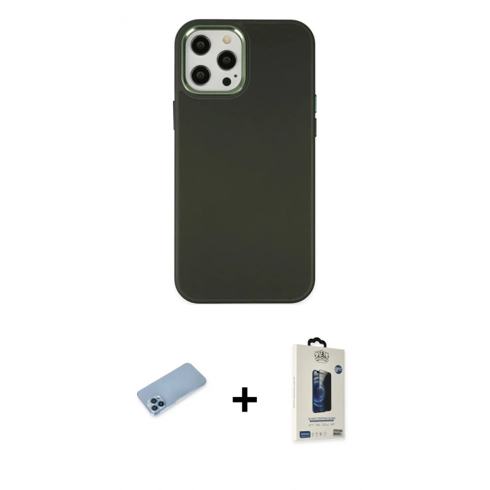 MARSİLYAN™- iPhone 12 Pro Max Kılıf Çekirdek Çizgi - Siyah Bilvis Hayalet Cam Ekran Koruyucu + Shine Kamera Lens Koruma Cam - MI