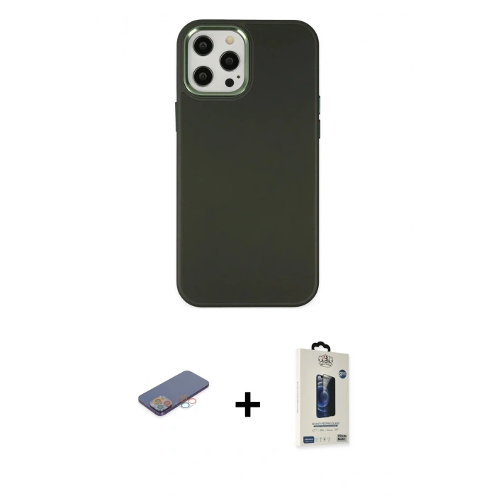 MARSİLYAN™- iPhone 12 Pro Max Kılıf Çekirdek Çizgi - Siyah Bilvis Hayalet Cam Ekran Koruyucu + Renkli Kamera Lens Koruma Cam - PE