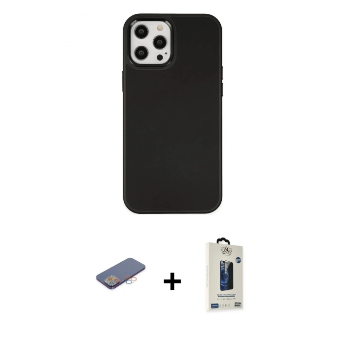 MARSİLYAN™- iPhone 12 Pro Max Kılıf Çekirdek Çizgi - Siyah Bilvis Hayalet Cam Ekran Koruyucu + Renkli Kamera Lens Koruma Cam - PE