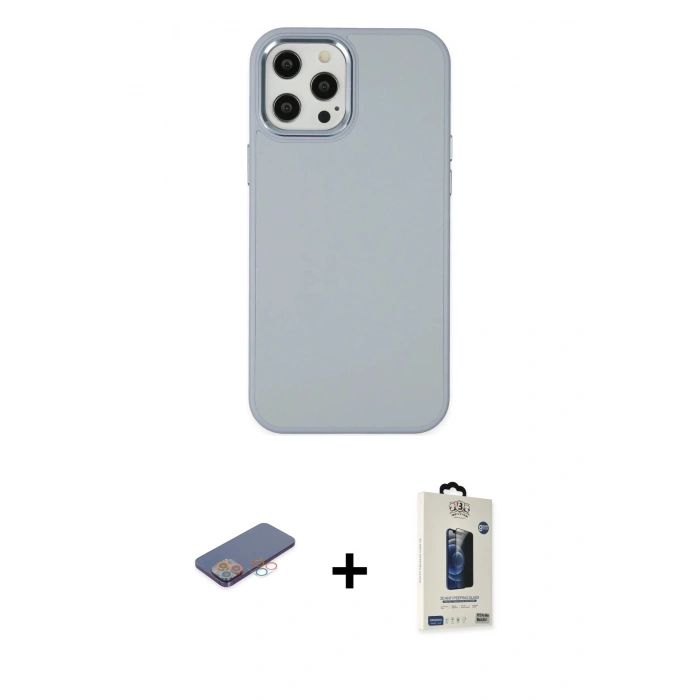 MARSİLYAN™- iPhone 12 Pro Max Kılıf Çekirdek Çizgi - Siyah Bilvis Hayalet Cam Ekran Koruyucu + Renkli Kamera Lens Koruma Cam - PE