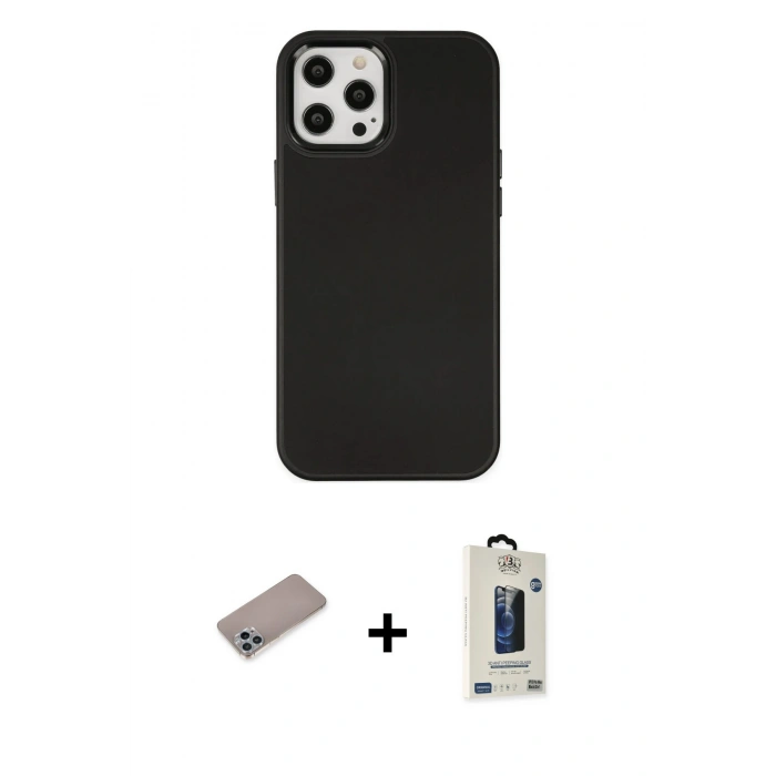 MARSİLYAN™- iPhone 12 Pro Max Kılıf Çekirdek Çizgi - Siyah Bilvis Hayalet Cam Ekran Koruyucu + Shine Kamera Lens Koruma Cam - SABE
