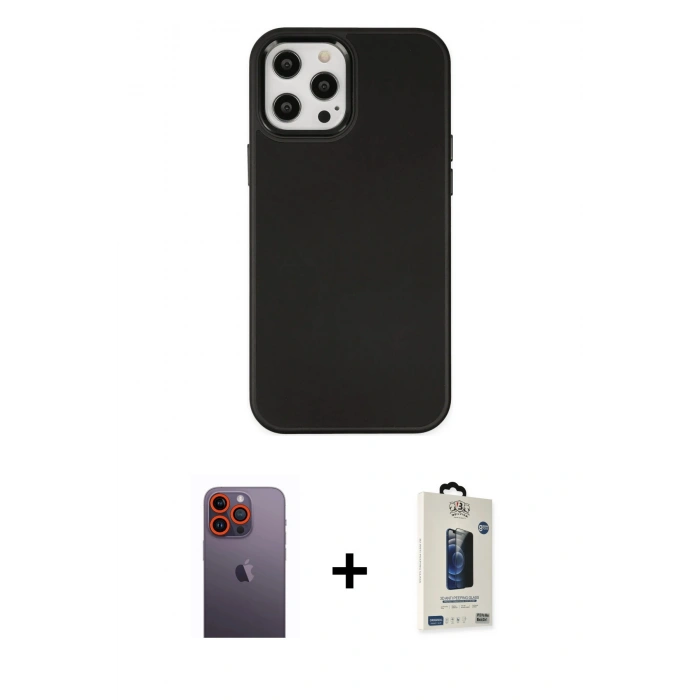 MARSİLYAN™- iPhone 12 Pro Max Kılıf Çekirdek Çizgi - Siyah Bilvis Hayalet Cam Ekran Koruyucu + Neon Fosforlu Kamera Lens - TU