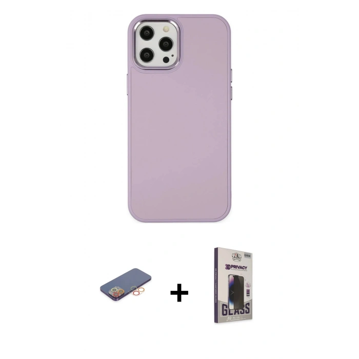 MARSİLYAN™- iPhone 12 Pro Max Kılıf Çekirdek Çizgi - Siyah Bilvis Hayalet Cam Ekran Koruyucu + Renkli Kamera Lens Koruma Cam - TU