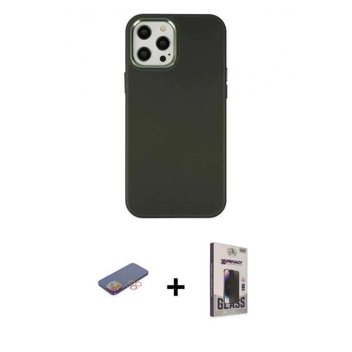 MARSİLYAN™- iPhone 12 Pro Max Kılıf Çekirdek Çizgi - Siyah Bilvis Hayalet Cam Ekran Koruyucu + Renkli Kamera Lens Koruma Cam - TU