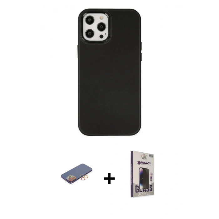 MARSİLYAN™- iPhone 12 Pro Max Kılıf Çekirdek Çizgi - Siyah Bilvis Hayalet Cam Ekran Koruyucu + Renkli Kamera Lens Koruma Cam - TU