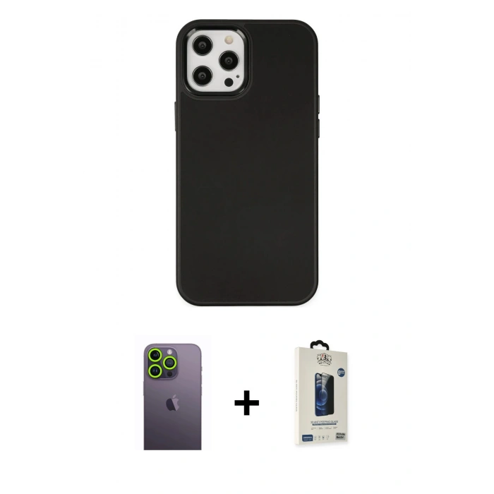 MARSİLYAN™- iPhone 12 Pro Max Kılıf Çekirdek Çizgi - Siyah Bilvis Hayalet Cam Ekran Koruyucu + Neon Fosforlu Kamera Lens - YL