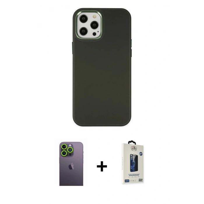 MARSİLYAN™- iPhone 12 Pro Max Kılıf Çekirdek Çizgi - Siyah Bilvis Hayalet Cam Ekran Koruyucu + Neon Fosforlu Kamera Lens - YL