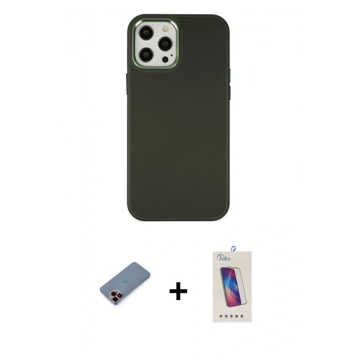 MARSİLYAN™- iPhone 12 Pro Max Kılıf Çekirdek Çizgi - Siyah Joko 5D Cam + Metal Kamera Lens Koruma Cam - KI