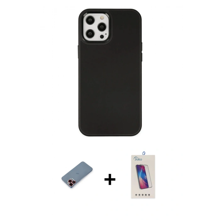 MARSİLYAN™- iPhone 12 Pro Max Kılıf Çekirdek Çizgi - Siyah Joko 5D Cam + Metal Kamera Lens Koruma Cam - KI