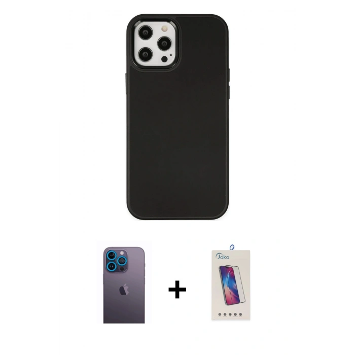 MARSİLYAN™- iPhone 12 Pro Max Kılıf Çekirdek Çizgi - Siyah Joko 5D Cam + Neon Fosforlu Kamera Lens - MI