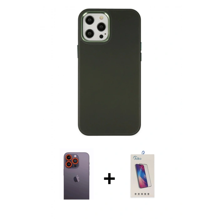 MARSİLYAN™- iPhone 12 Pro Max Kılıf Çekirdek Çizgi - Siyah Joko 5D Cam + Neon Fosforlu Kamera Lens - TU
