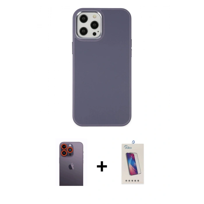 MARSİLYAN™- iPhone 12 Pro Max Kılıf Çekirdek Çizgi - Siyah Joko 5D Cam + Neon Fosforlu Kamera Lens - TU