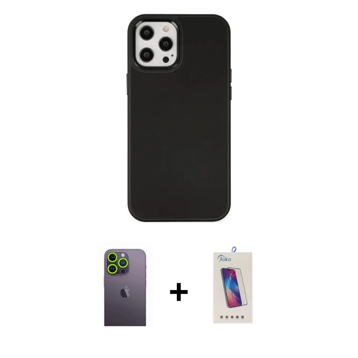 MARSİLYAN™- iPhone 12 Pro Max Kılıf Çekirdek Çizgi - Siyah Joko 5D Cam + Neon Fosforlu Kamera Lens - YL