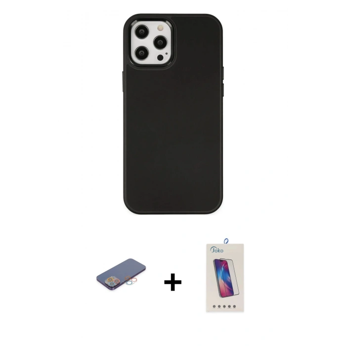 MARSİLYAN™- iPhone 12 Pro Max Kılıf Çekirdek Çizgi - Siyah Joko 5D Cam + Renkli Kamera Lens Koruma Cam - PE