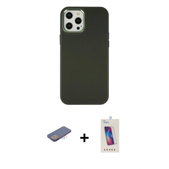 MARSİLYAN™- iPhone 12 Pro Max Kılıf Çekirdek Çizgi - Siyah Joko 5D Cam + Renkli Kamera Lens Koruma Cam - PE