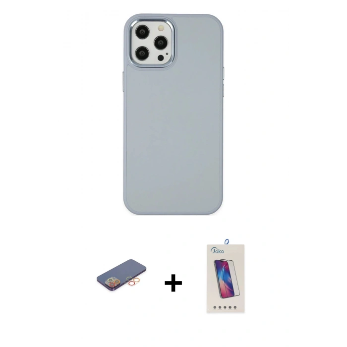 MARSİLYAN™- iPhone 12 Pro Max Kılıf Çekirdek Çizgi - Siyah Joko 5D Cam + Renkli Kamera Lens Koruma Cam - TU