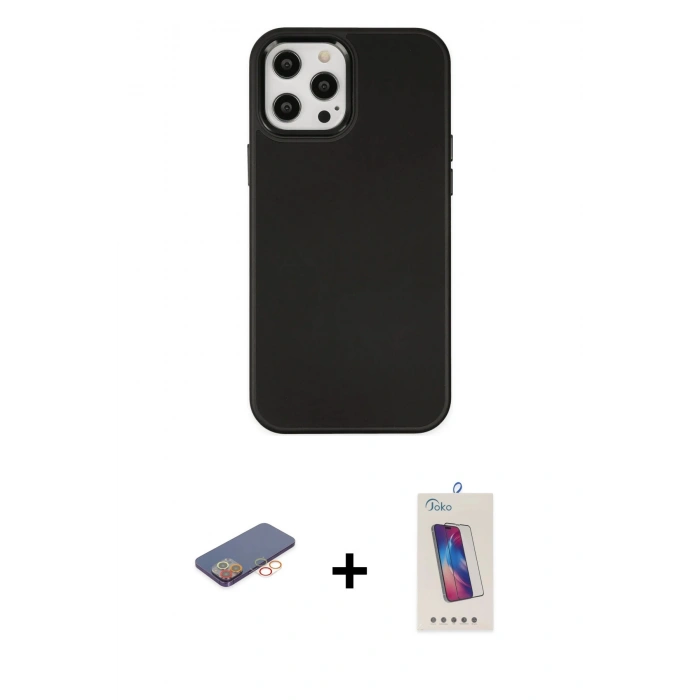 MARSİLYAN™- iPhone 12 Pro Max Kılıf Çekirdek Çizgi - Siyah Joko 5D Cam + Renkli Kamera Lens Koruma Cam - TU