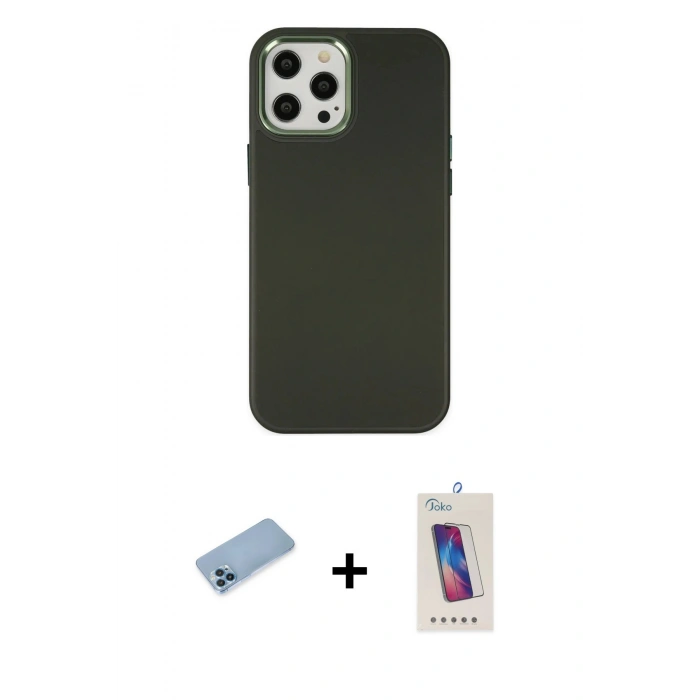 MARSİLYAN™- iPhone 12 Pro Max Kılıf Çekirdek Çizgi - Siyah Joko 5D Cam + Shine Kamera Lens Koruma Cam - MI