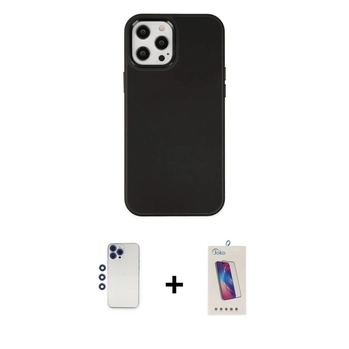 MARSİLYAN™- iPhone 12 Pro Max Kılıf Çekirdek Çizgi - Siyah Joko 5D Cam + Shine Kamera Lens - LT