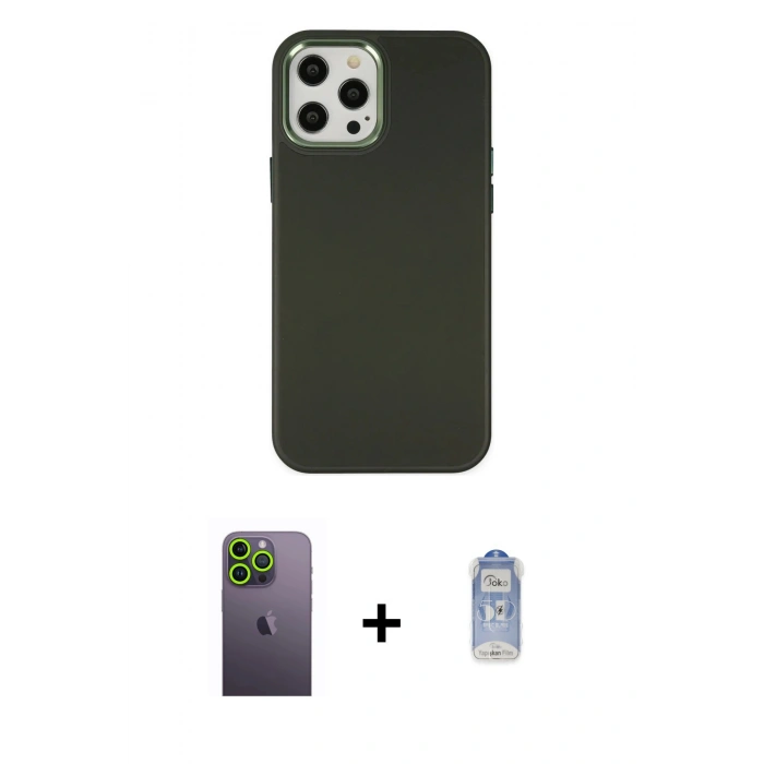 MARSİLYAN™- iPhone 12 Pro Max Kılıf Çekirdek Çizgi - Siyah Joko Magic 5D Cam + Neon Fosforlu Kamera Lens - YL