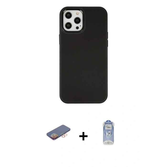 MARSİLYAN™- iPhone 12 Pro Max Kılıf Çekirdek Çizgi - Siyah Joko Magic 5D Cam + Renkli Kamera Lens Koruma Cam - TU