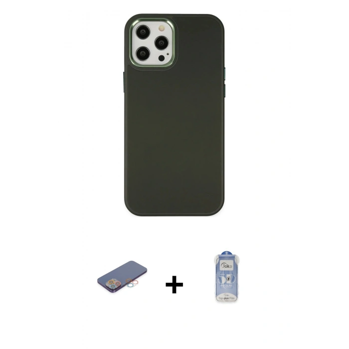 MARSİLYAN™- iPhone 12 Pro Max Kılıf Çekirdek Çizgi - Siyah Joko Magic 5D Cam + Renkli Kamera Lens Koruma Cam - PE