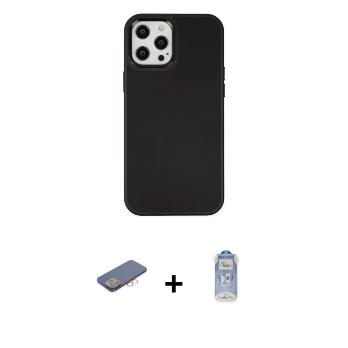 MARSİLYAN™- iPhone 12 Pro Max Kılıf Çekirdek Çizgi - Siyah Joko Magic 5D Cam + Renkli Kamera Lens Koruma Cam - PE