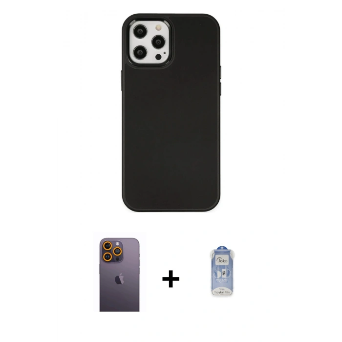 MARSİLYAN™- iPhone 12 Pro Max Kılıf Çekirdek Çizgi - Siyah Joko Magic 5D Cam + Neon Fosforlu Kamera Lens - SI