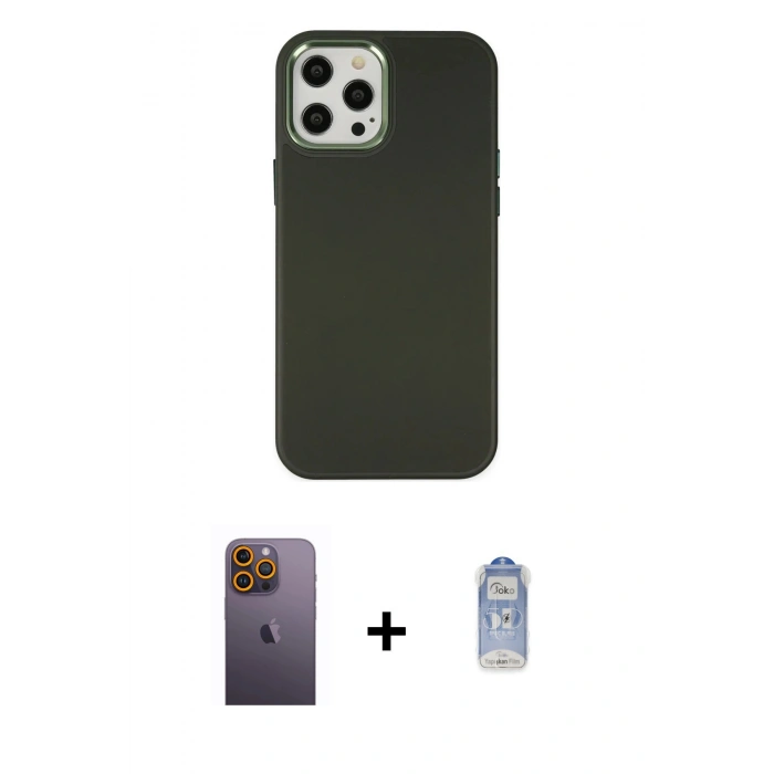 MARSİLYAN™- iPhone 12 Pro Max Kılıf Çekirdek Çizgi - Siyah Joko Magic 5D Cam + Neon Fosforlu Kamera Lens - SI