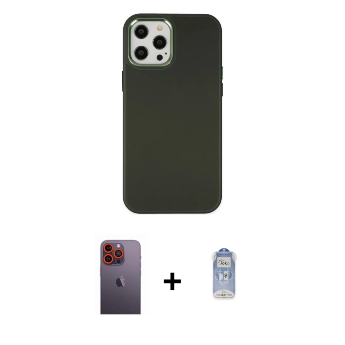 MARSİLYAN™- iPhone 12 Pro Max Kılıf Çekirdek Çizgi - Siyah Joko Magic 5D Cam + Turuncu Neon Fosforlu Kamera Lens