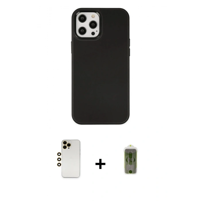 MARSİLYAN™- iPhone 12 Pro Max Kılıf Çekirdek Çizgi - Siyah Joko Magic 5D Hayalet Cam + Gold Shine Kamera Lens