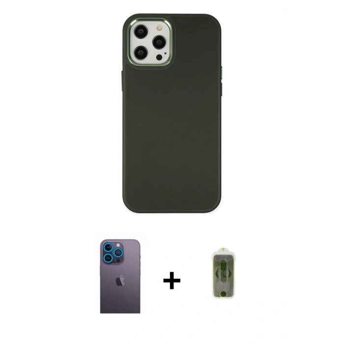 MARSİLYAN™- iPhone 12 Pro Max Kılıf Çekirdek Çizgi - Siyah Joko Magic 5D Hayalet Cam + Mavi Neon Fosforlu Kamera Lens