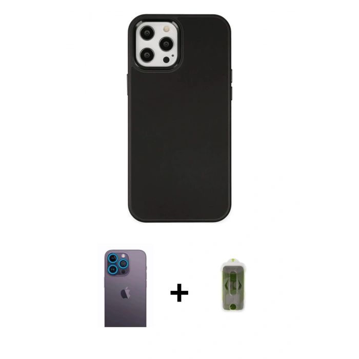 MARSİLYAN™- iPhone 12 Pro Max Kılıf Çekirdek Çizgi - Siyah Joko Magic 5D Hayalet Cam + Mavi Neon Fosforlu Kamera Lens