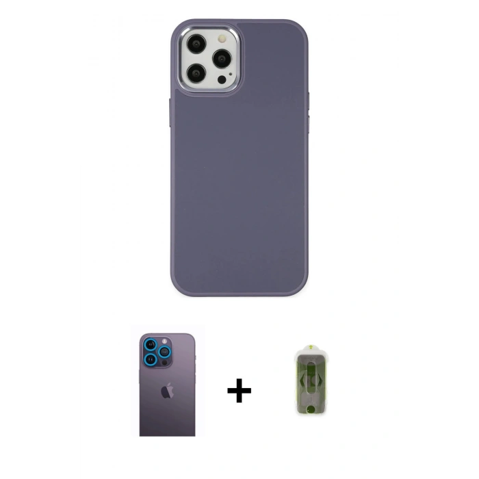 MARSİLYAN™- iPhone 12 Pro Max Kılıf Çekirdek Çizgi - Siyah Joko Magic 5D Hayalet Cam + Mavi Neon Fosforlu Kamera Lens